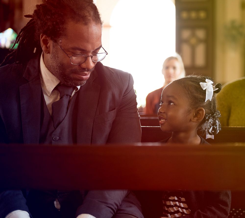 Father Daughter Sitting Church Believe Religion