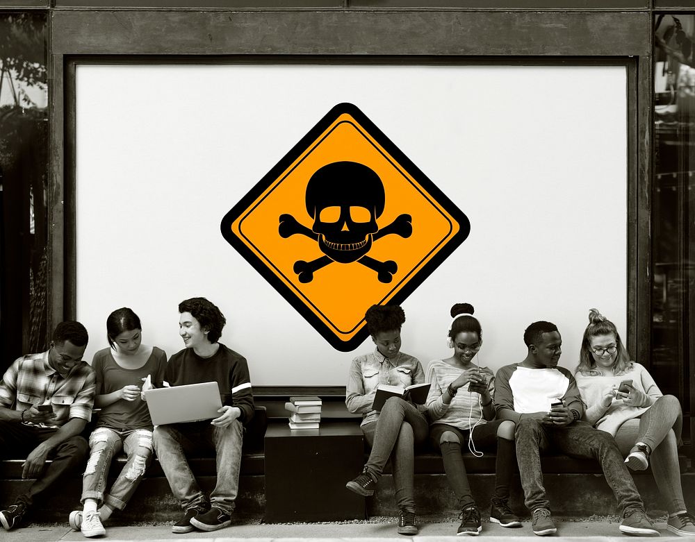 Group of Friends Sitting Together with Poison Danger Attention Banner Behind
