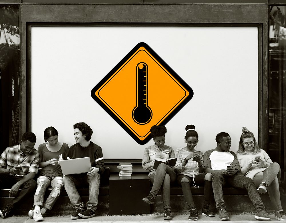 Group of Friends Sitting Together with Termometer Attention Banner Behind