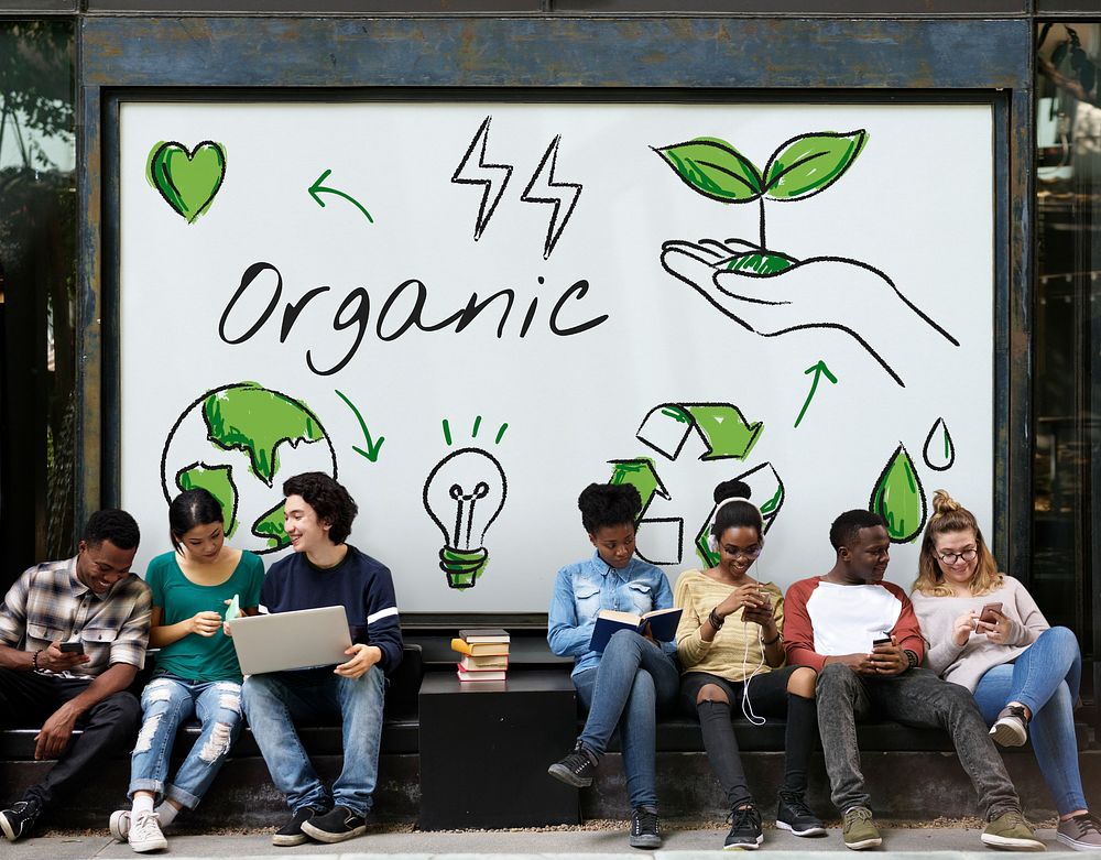 Diverse students sitting with environmental graphic background