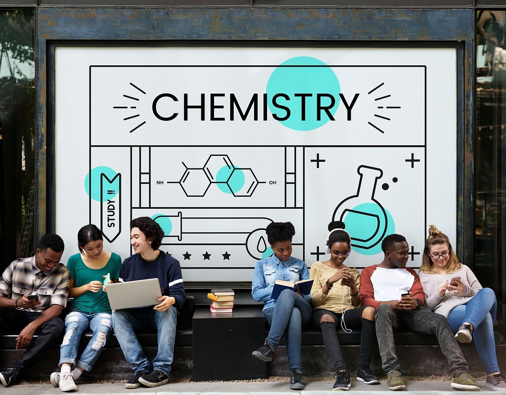 Group of students with illustration of science chemistry experiment study