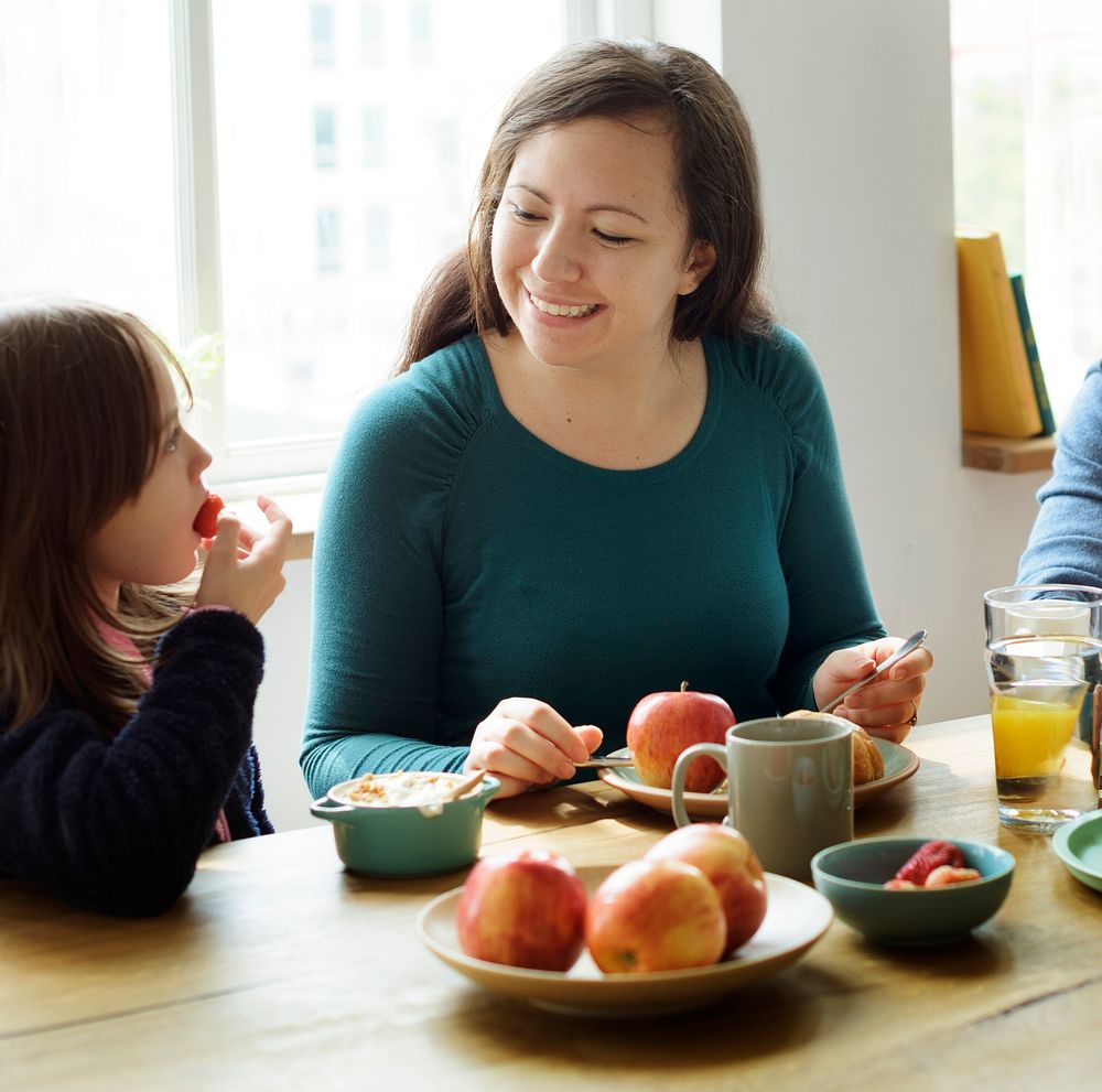 Mom Daughter Spend Time Holiday Eating Breakfast