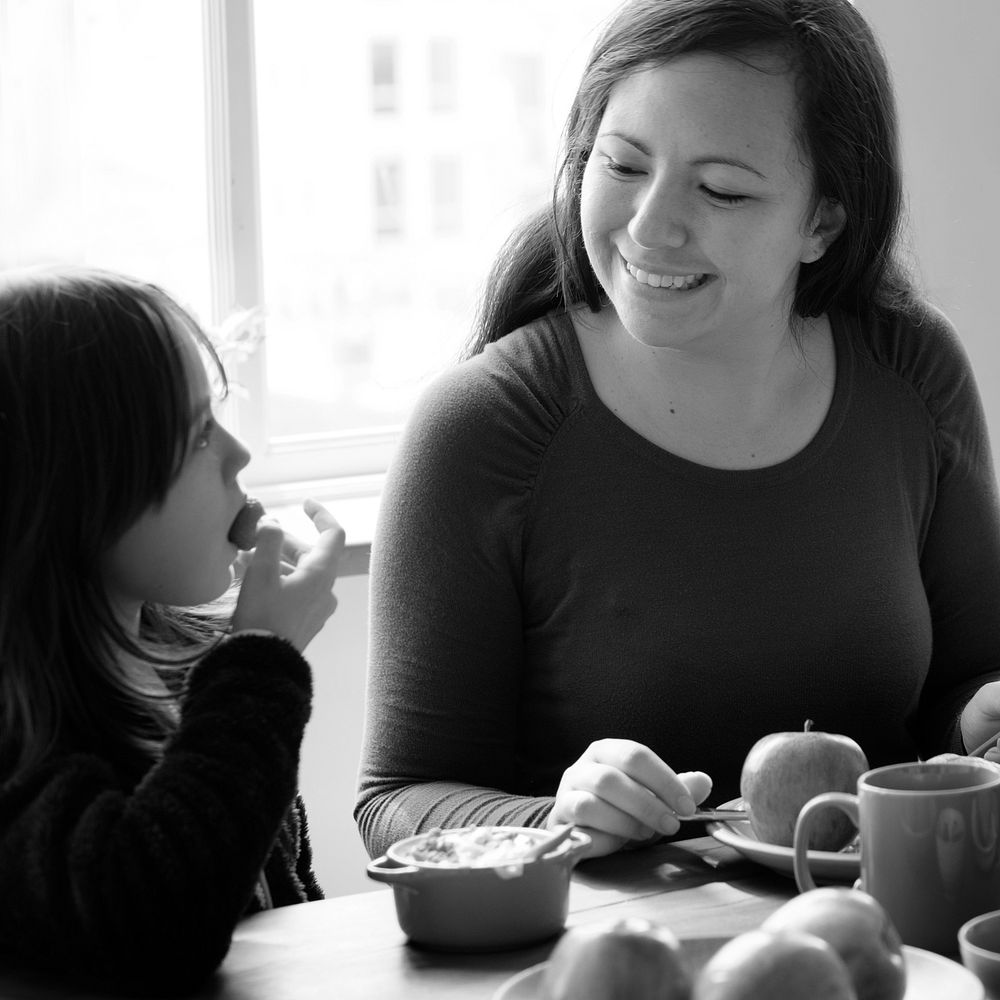 Mom Daughter Spend Time Holiday Eating Breakfast