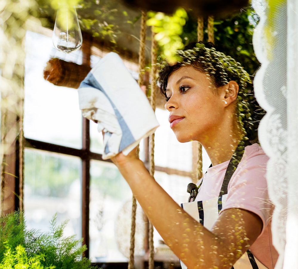 African Descent Woman Cleaning Wiping Shop Glass