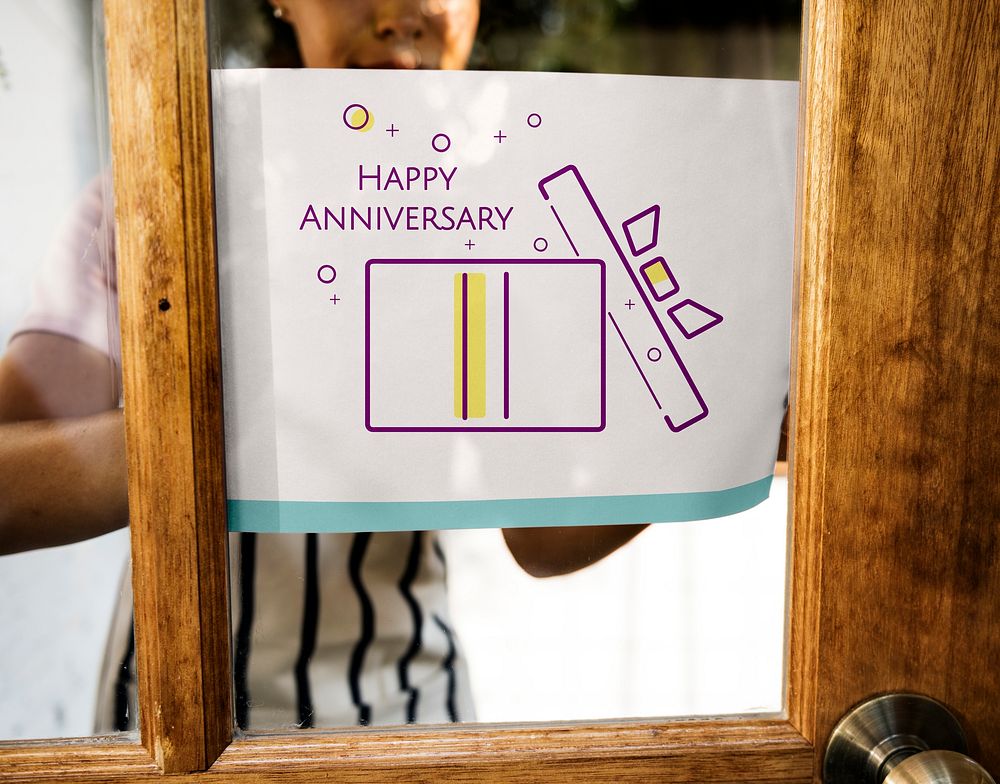 Illustration of happy anniversary gift box present on banner
