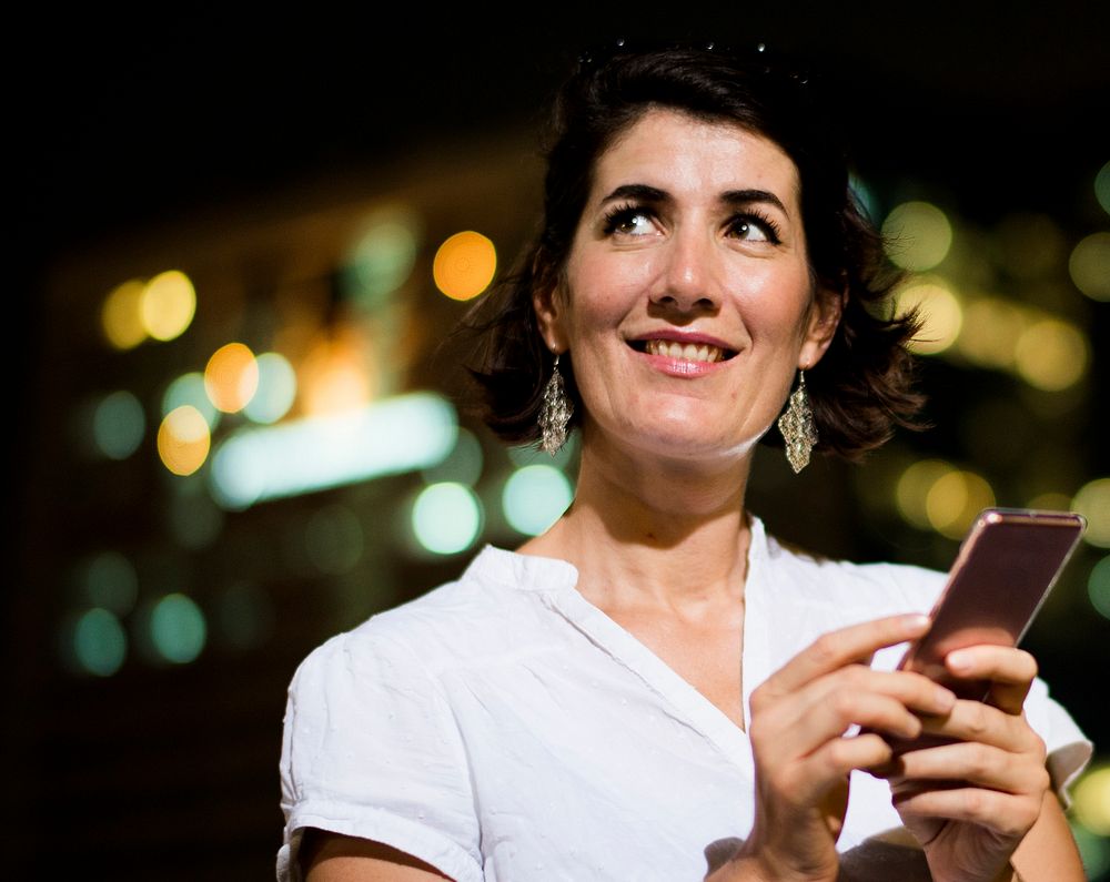 Adult Woman Using Mobile Phone Night Time