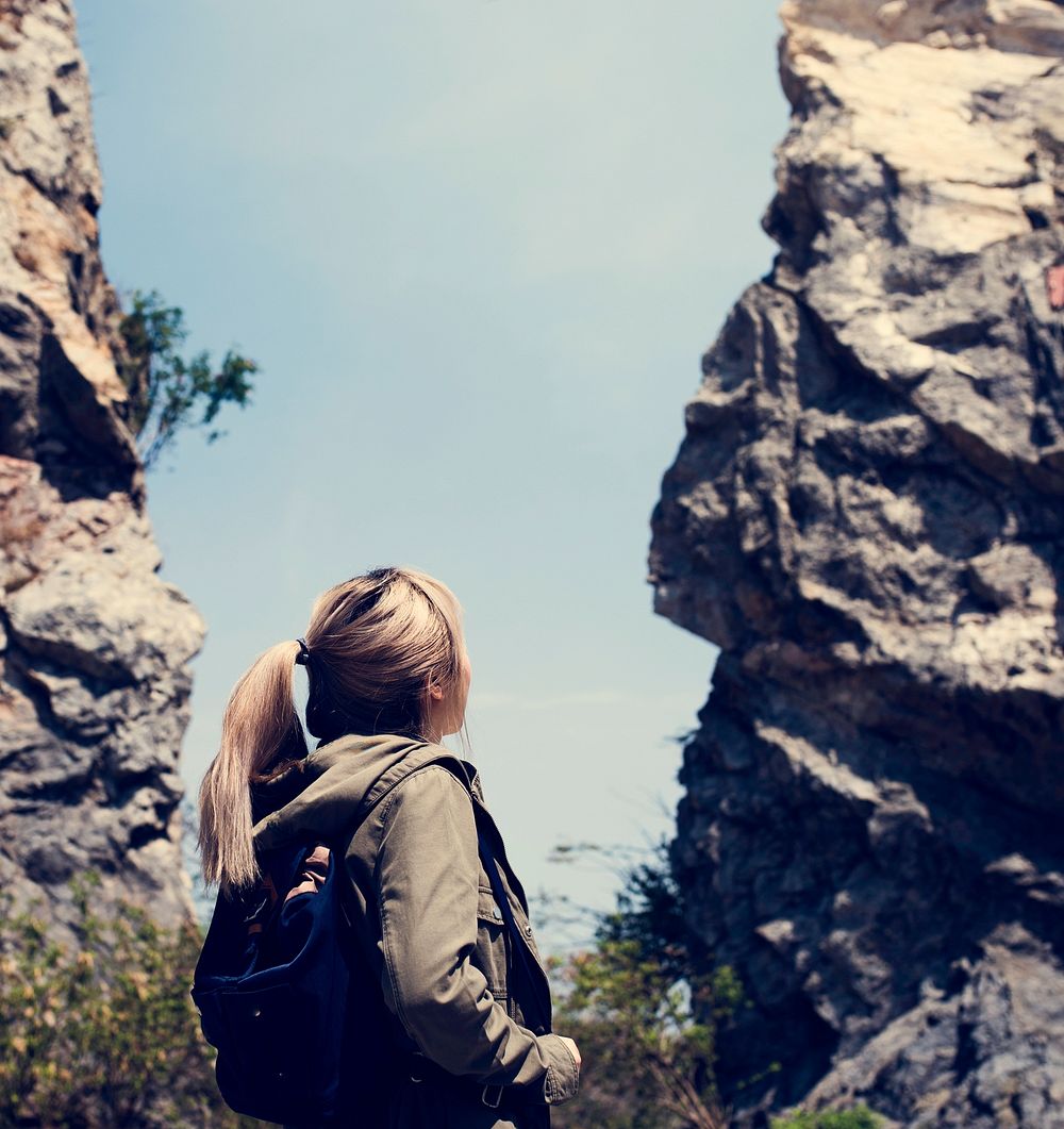 Backpack Women Traveler Journey Rock Mountain