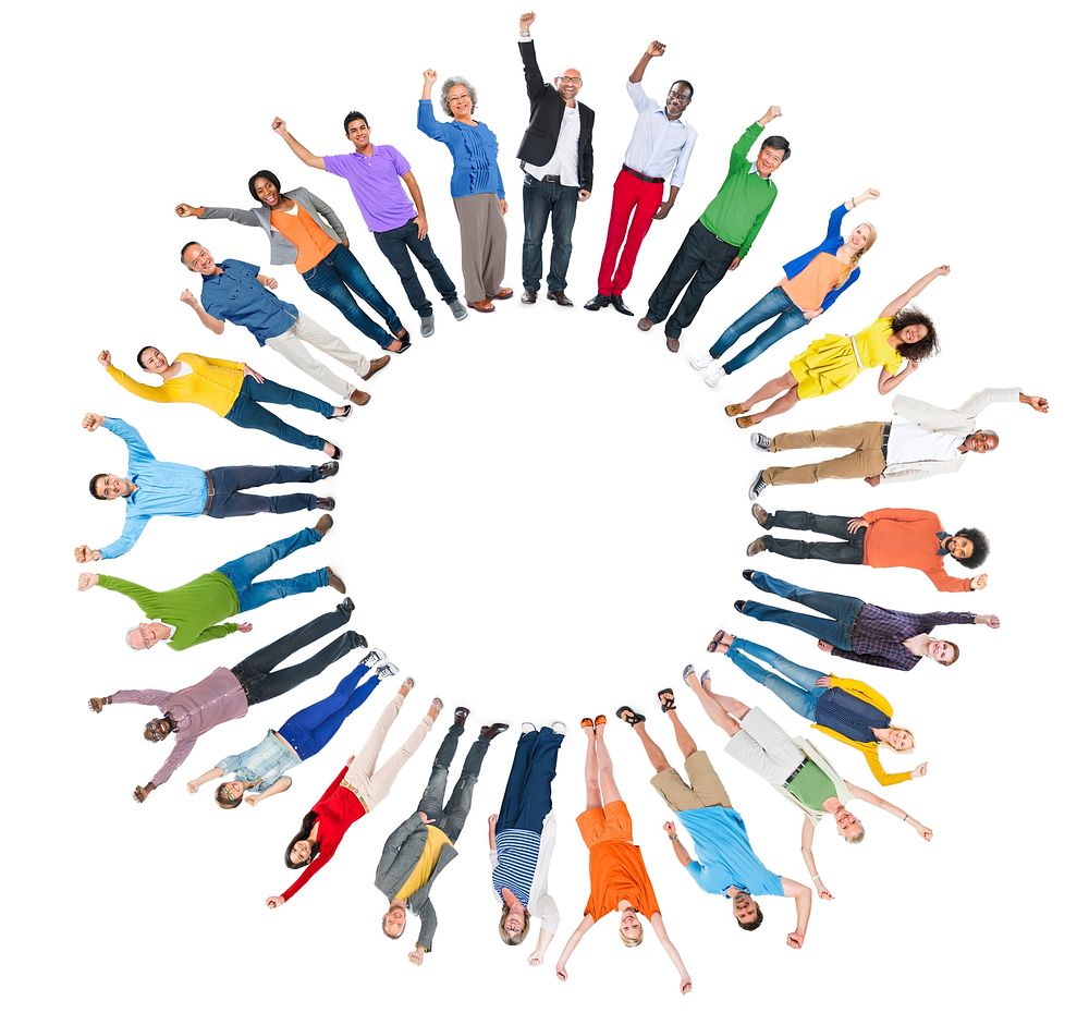 Multi-Ethnic Group of People Arms Raised and Copy Space