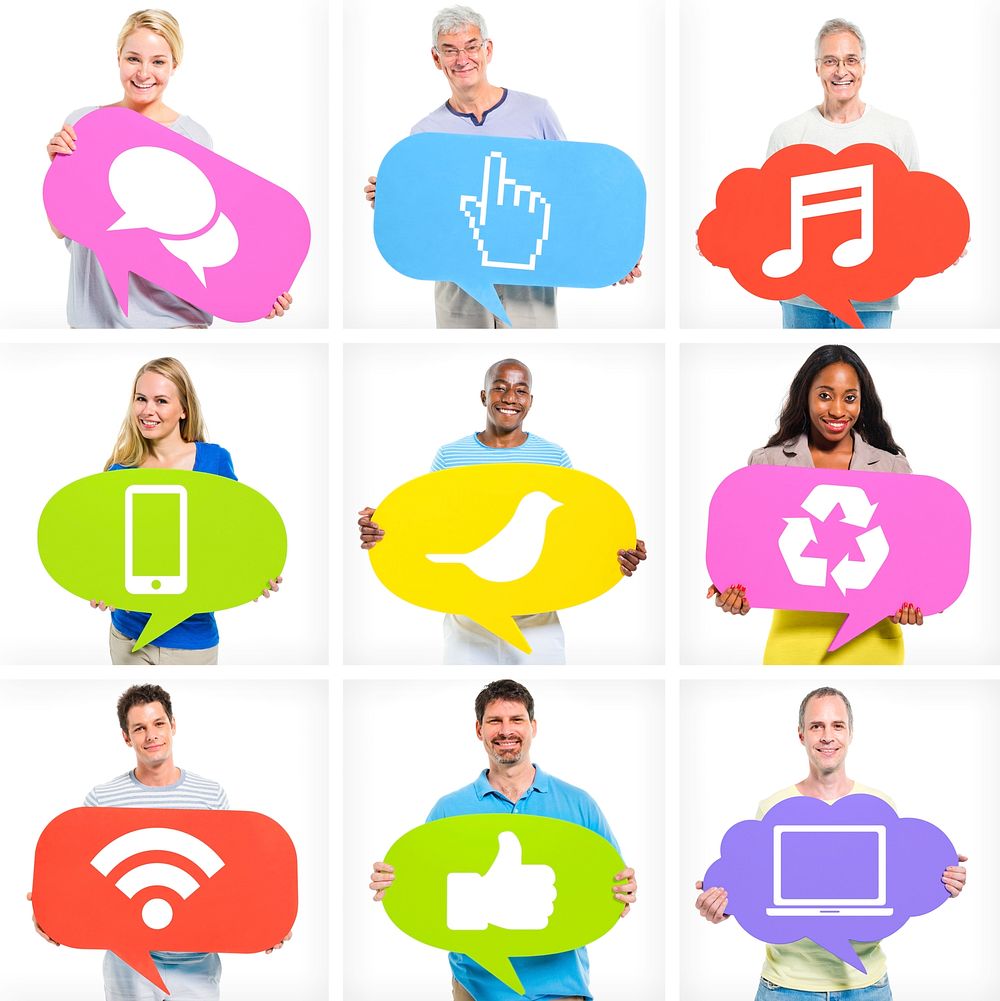 Group of Diverse Multi-Ethnic People Holding Speech Bubbles With Social Media Icons