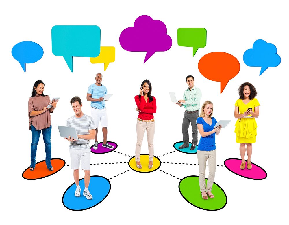 Group of Multi Ethnic Diverse Connected People Holding Technological Devices with Speech Bubbles Above Them