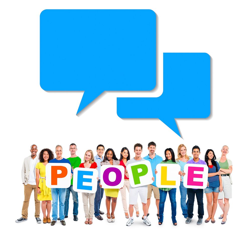 Multi-Ethnic Group Of People Holding Alphabet To Form People And Speech Bubbles Above