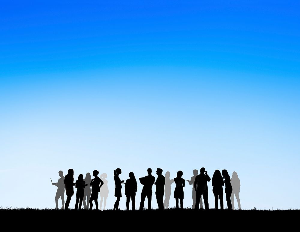Group Of Silhouettes Of People Social Networking Outdoors