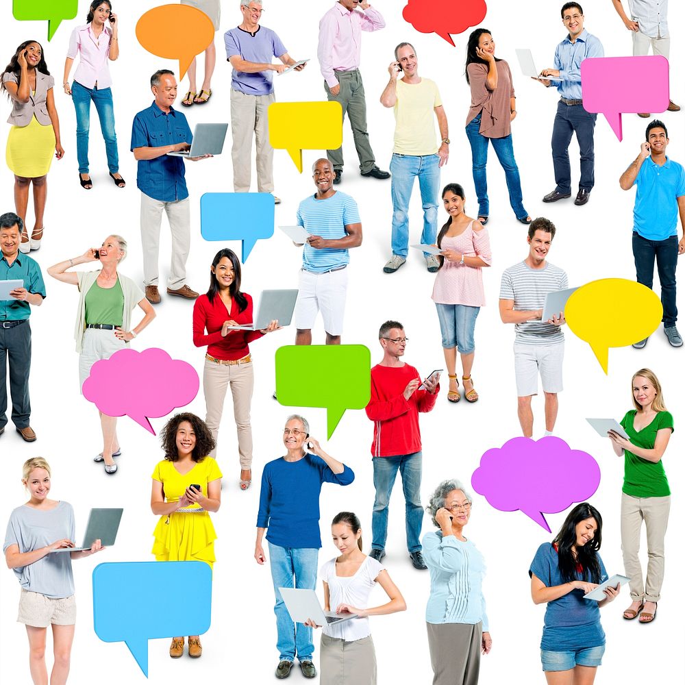 Group of Multi Ethnic People with Speech Bubbles and Communication Devices