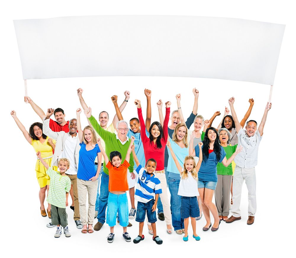 Multi-Ethnic Group Of Casual People With Children Raising Their Arms As They Hold Empty Banner For A Copy Space.