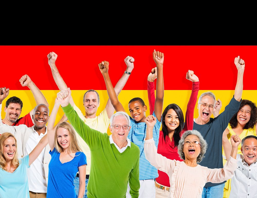 Multi-Ethnic People Arms Raised and German Flag Background