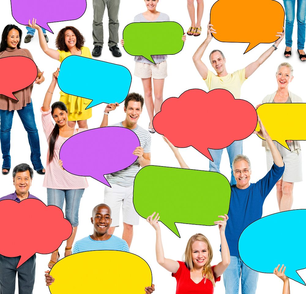Casual People Holding Colorful Speech Bubbles