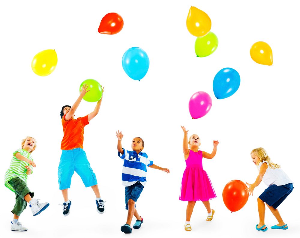 Happy Multi-Ethnic Children Playing Balloons Together