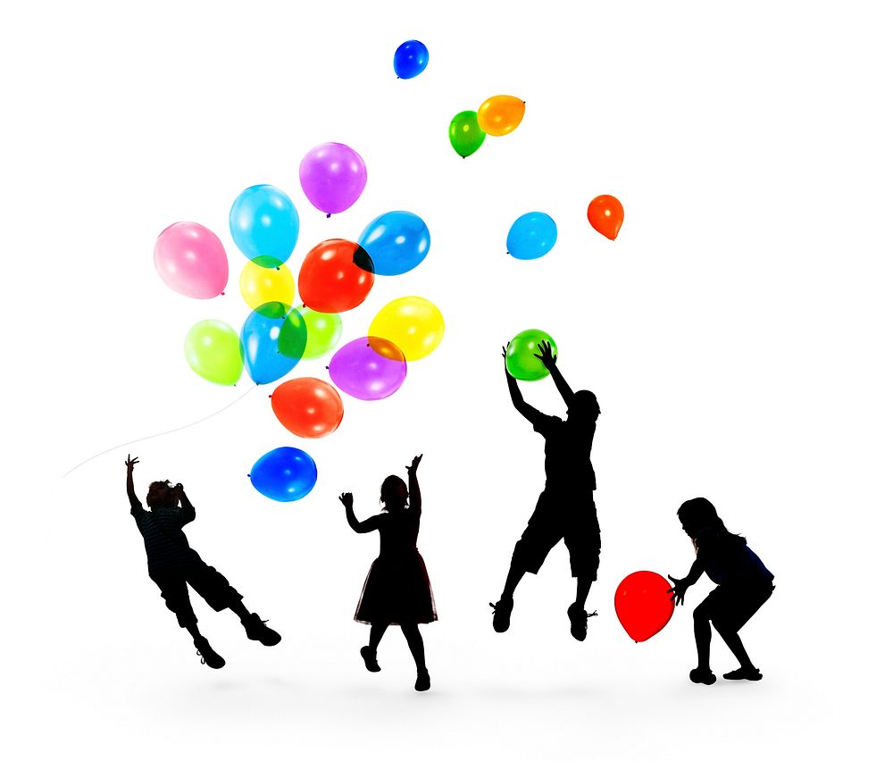 Happy Silhouettes of Children Playing Balloons Together
