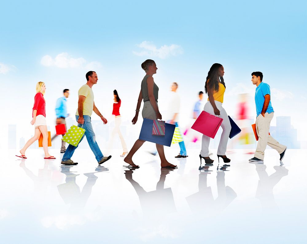 Group of Diverse People Walking with Shopping Bags