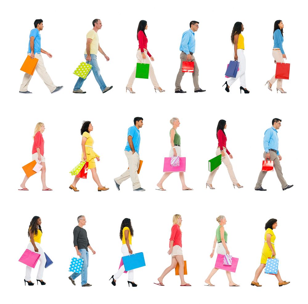 Group of multi-ethnic people walking forward with shopping bags.
