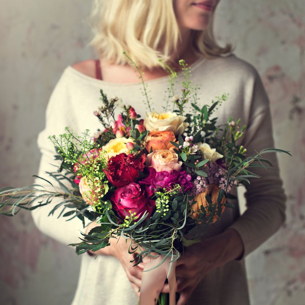 Woman Hands Holding Beautiful Flowers Bouquet
