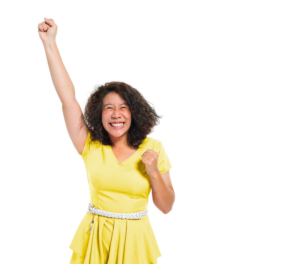 A Casual Woman Celebrating with One Hand Raised