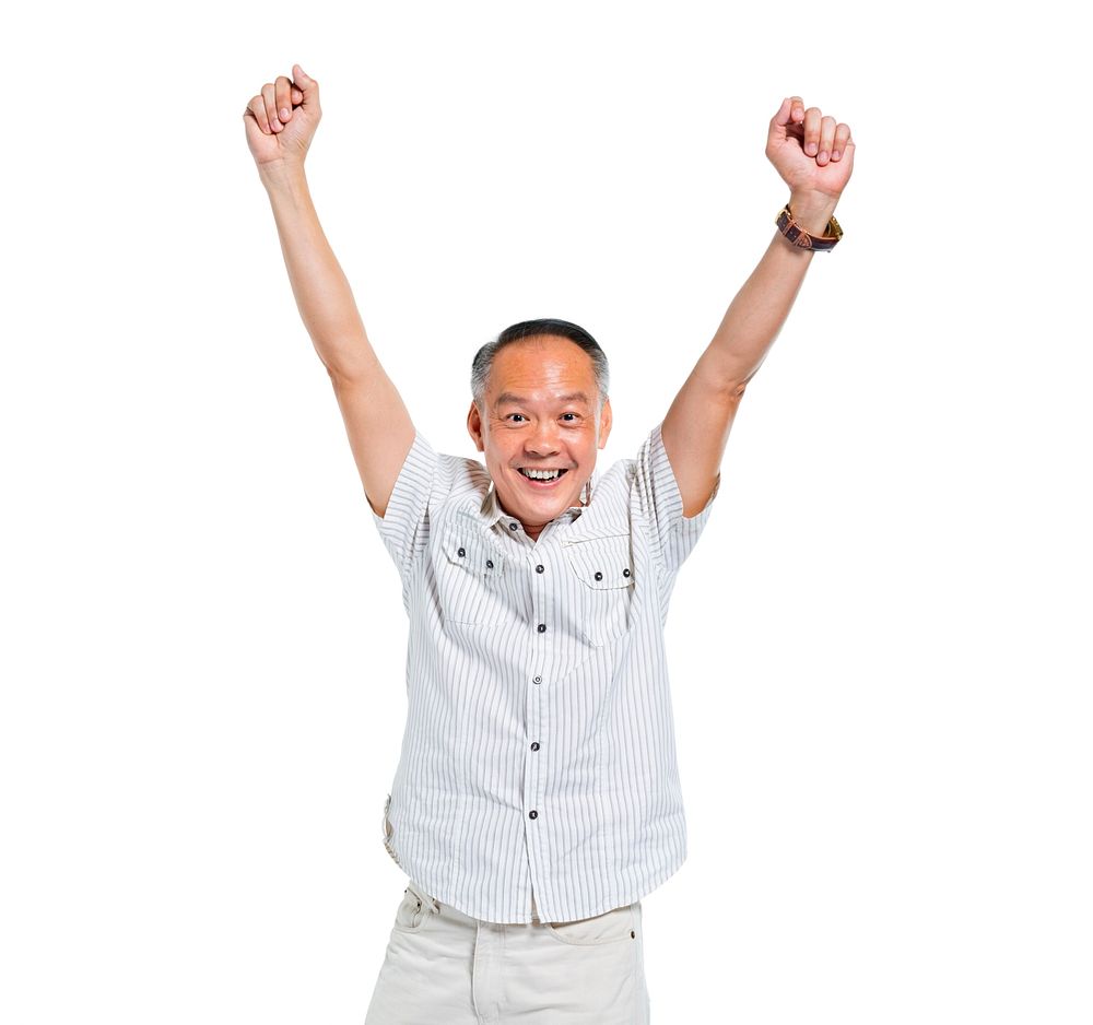 Cheerful Old Asian Man Celebrating