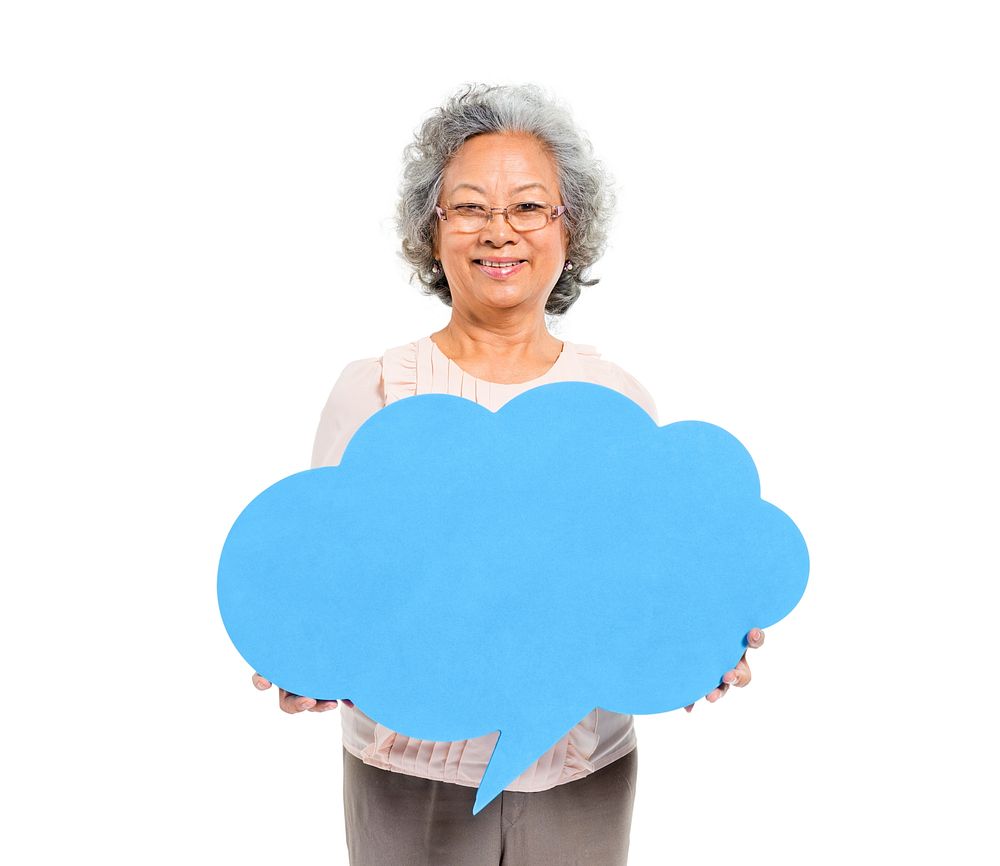 Cheerful Casual Mature Woman Holding Speech Bubble