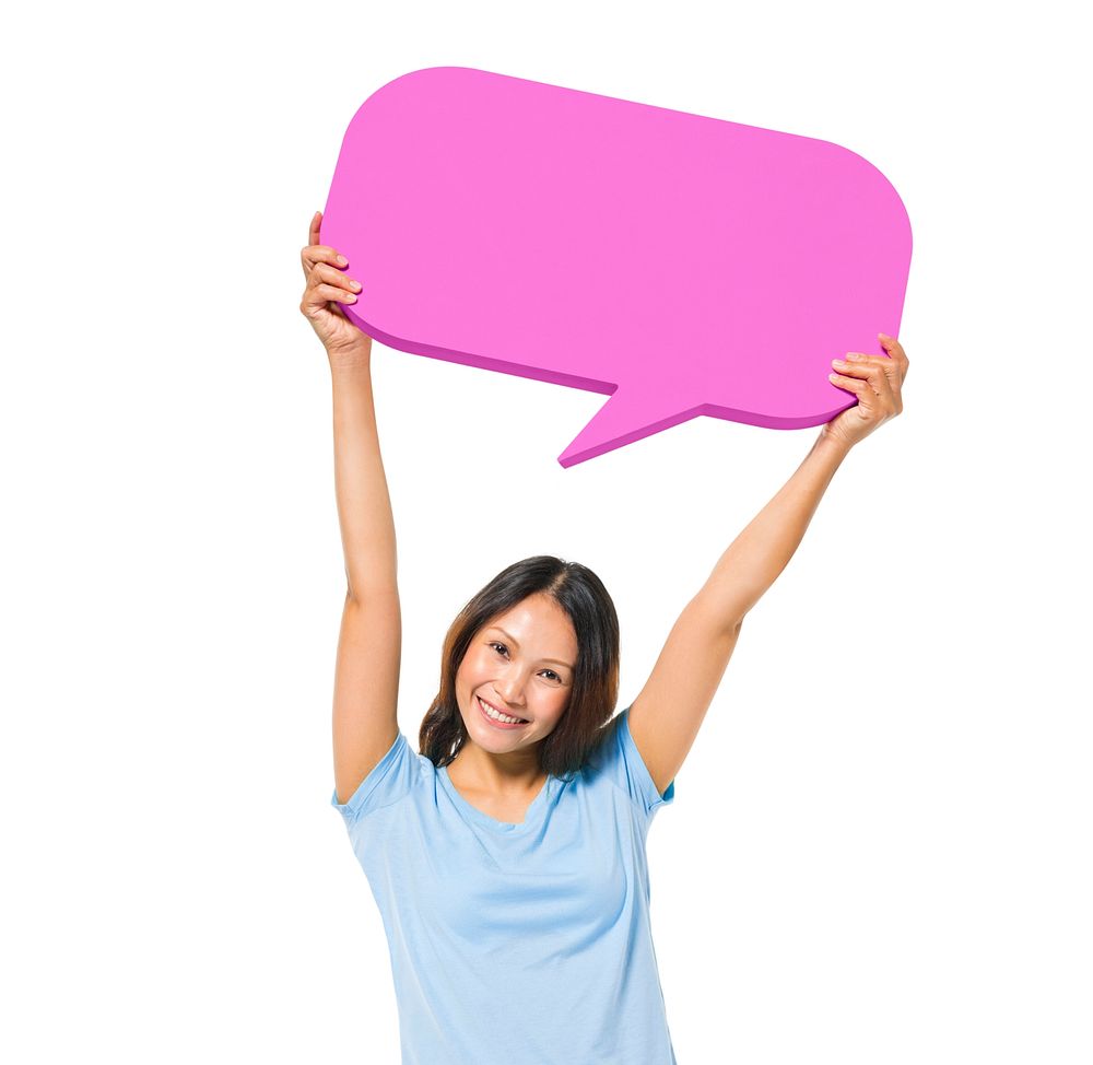 Cheerful Casual Woman Holding Speech Bubble