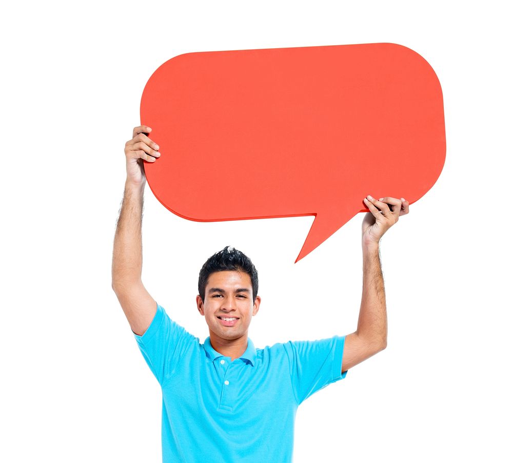 Cheerful Young Casual Man Holding Speech Bubble