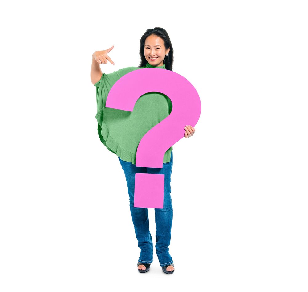 Confident Young Woman Holding and Pointing Question Mark
