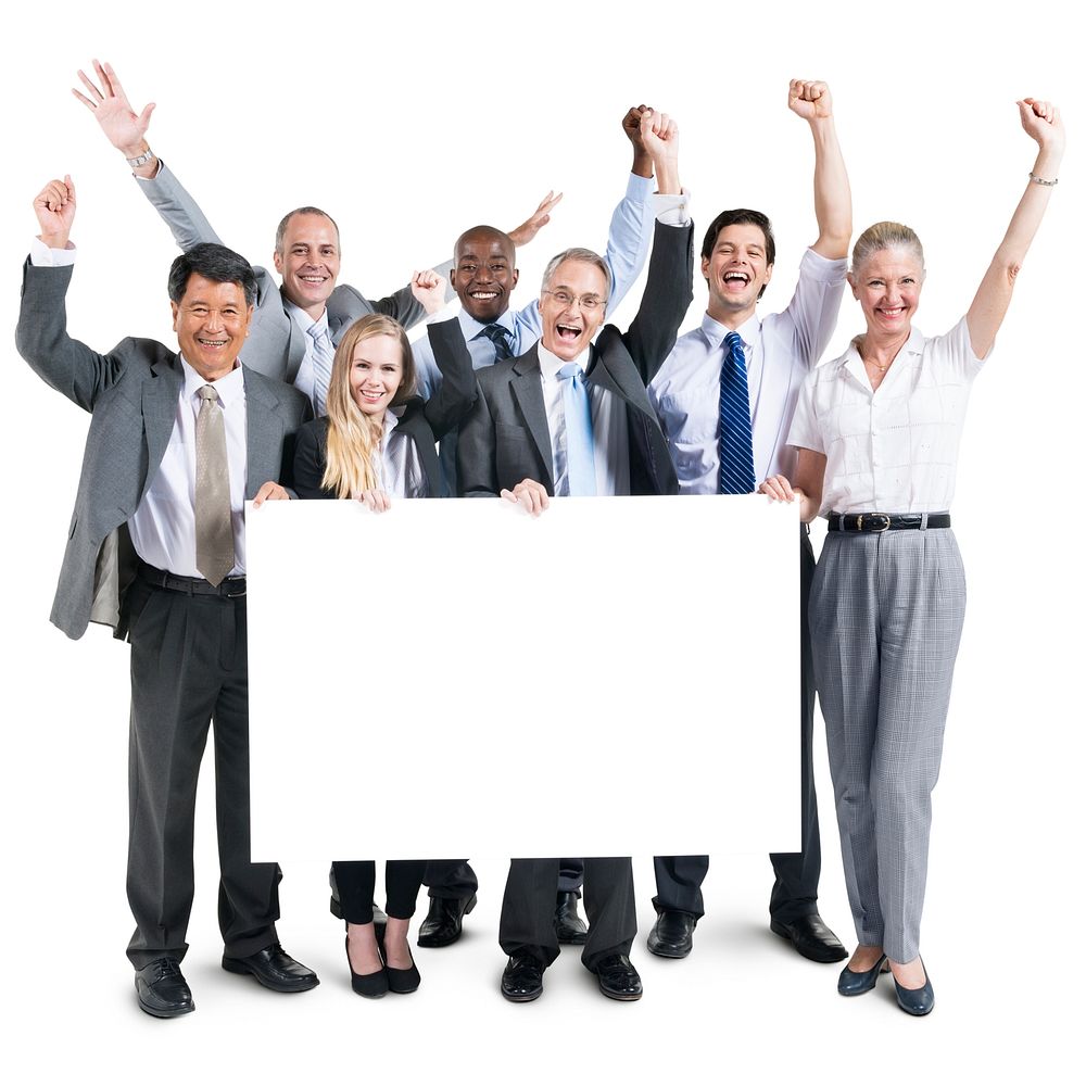 Business people holding a white board