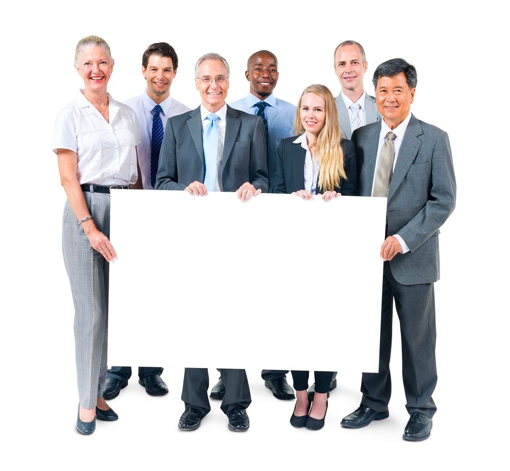 Business people holding a white board
