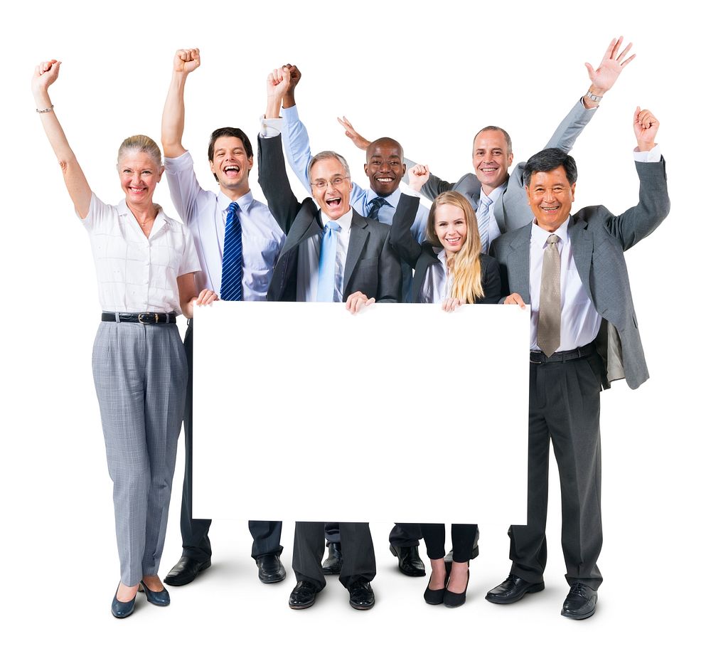 Multi-ethnic group of business people holding the blank banner