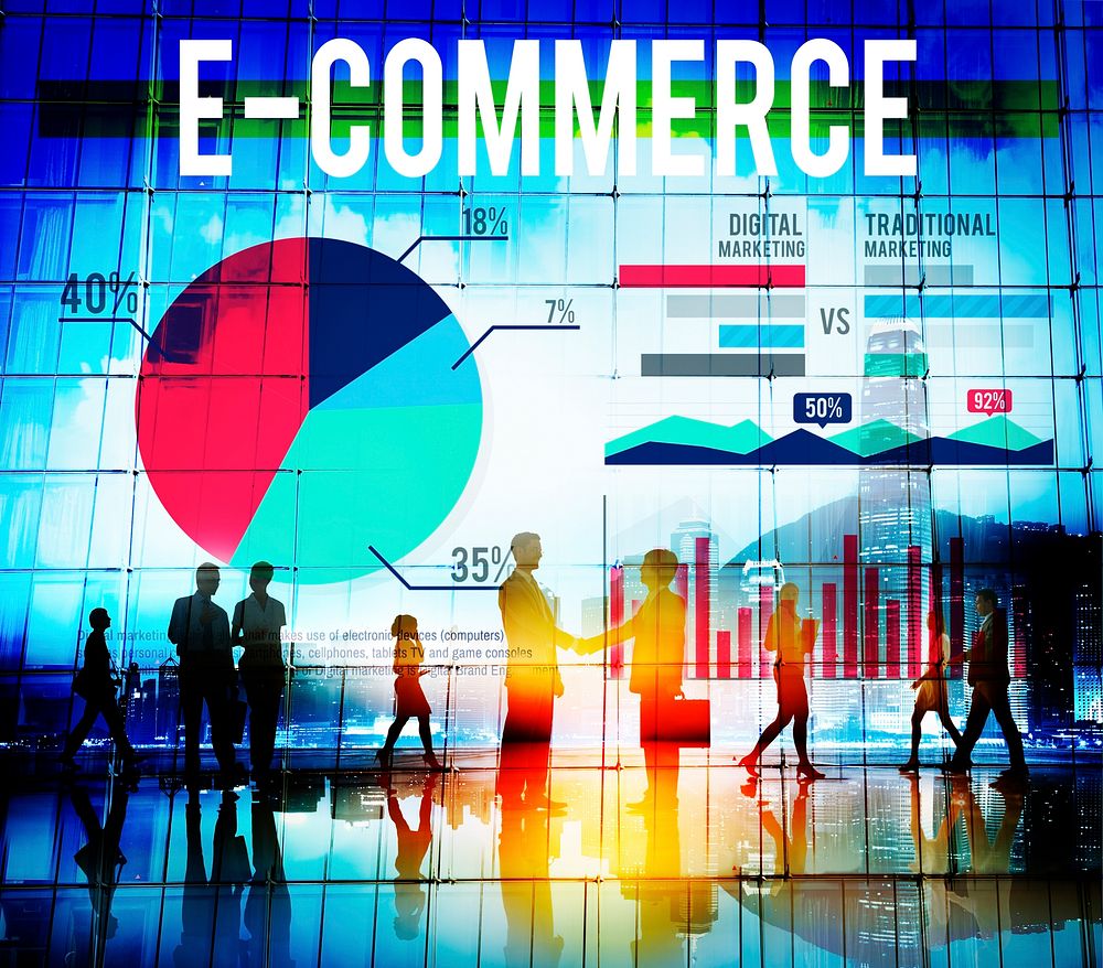Silhouette of business people with the word E-commerce