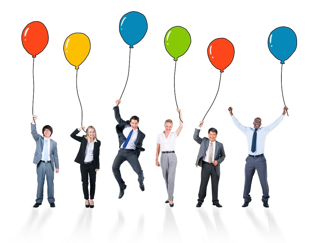 Playful Business People Holding MultiColored Balloons