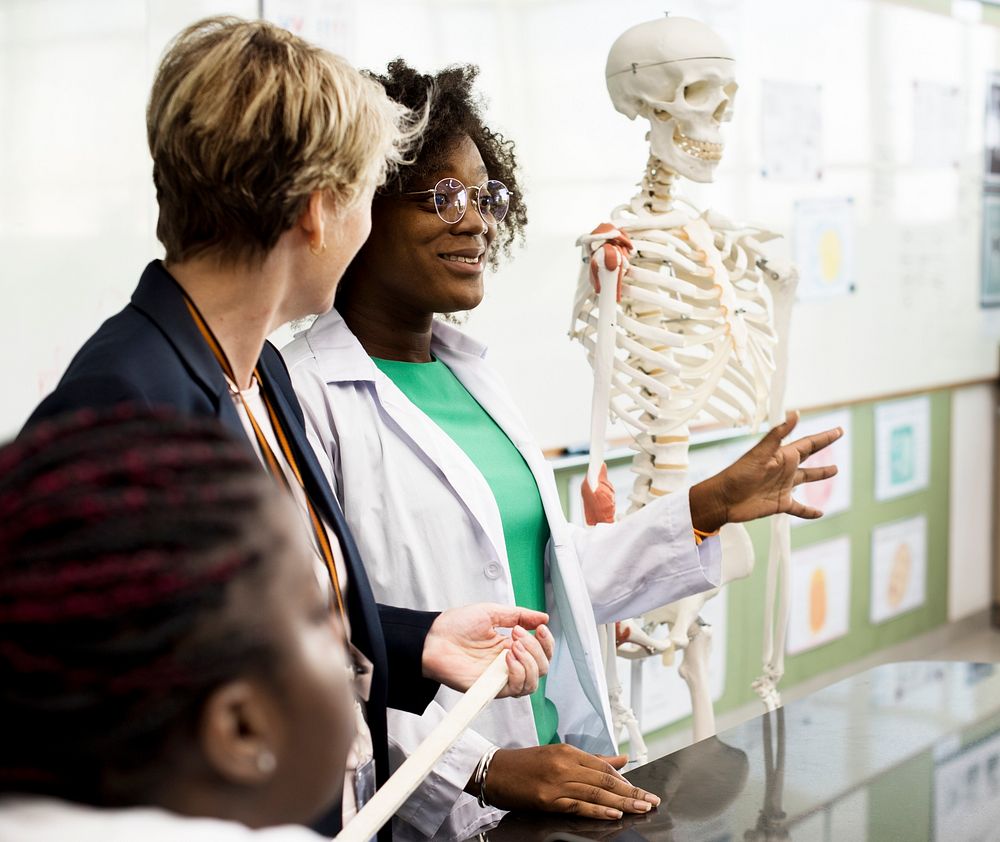 Biology teacher teaching anatomy with diverse high school students