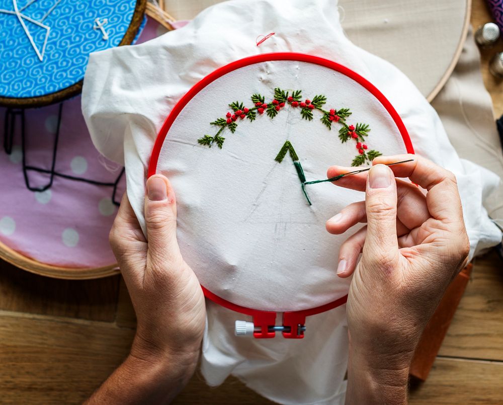 Embroidery hoop handicraft on the table