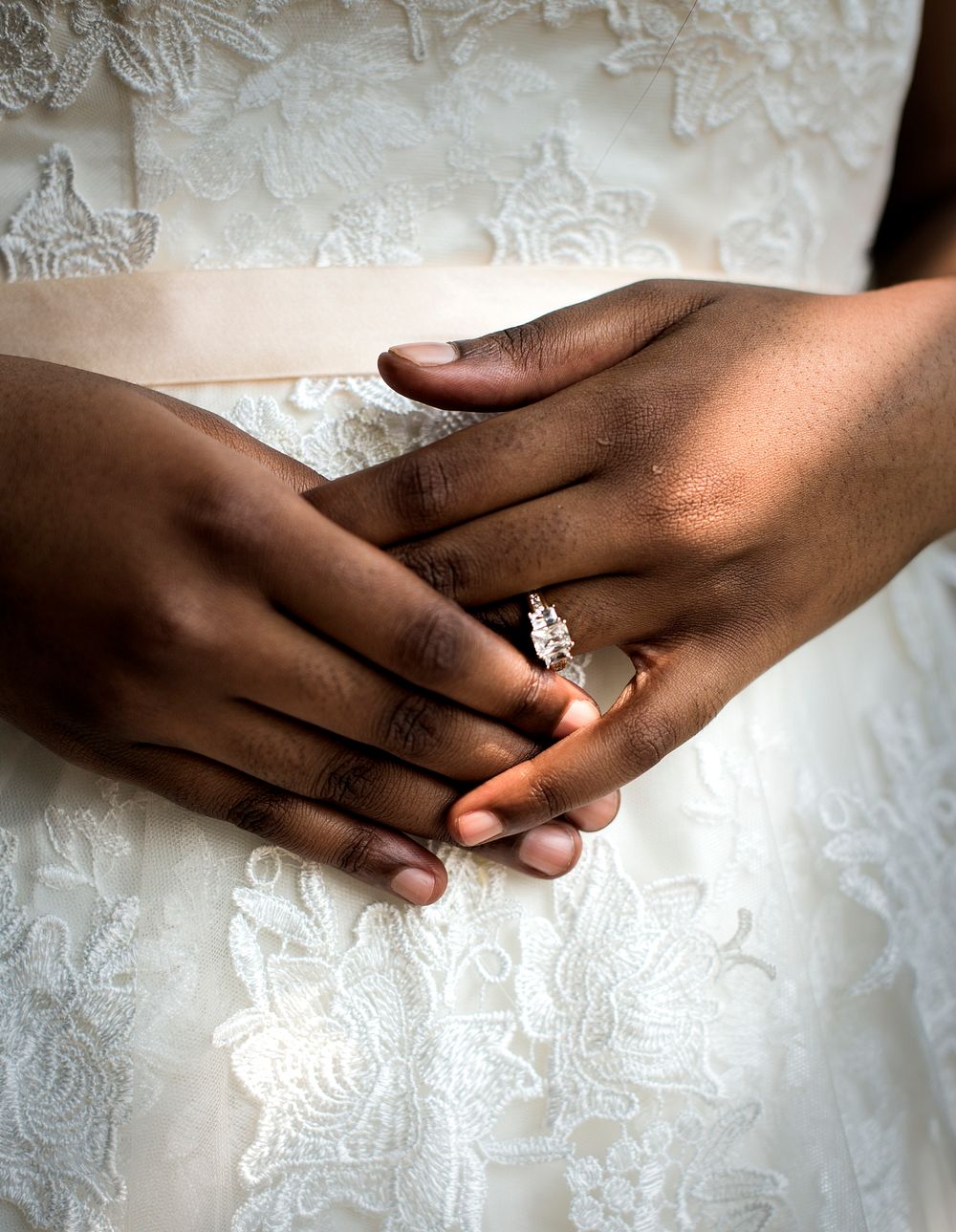 Closeup African Descent Bride Hands with Ring