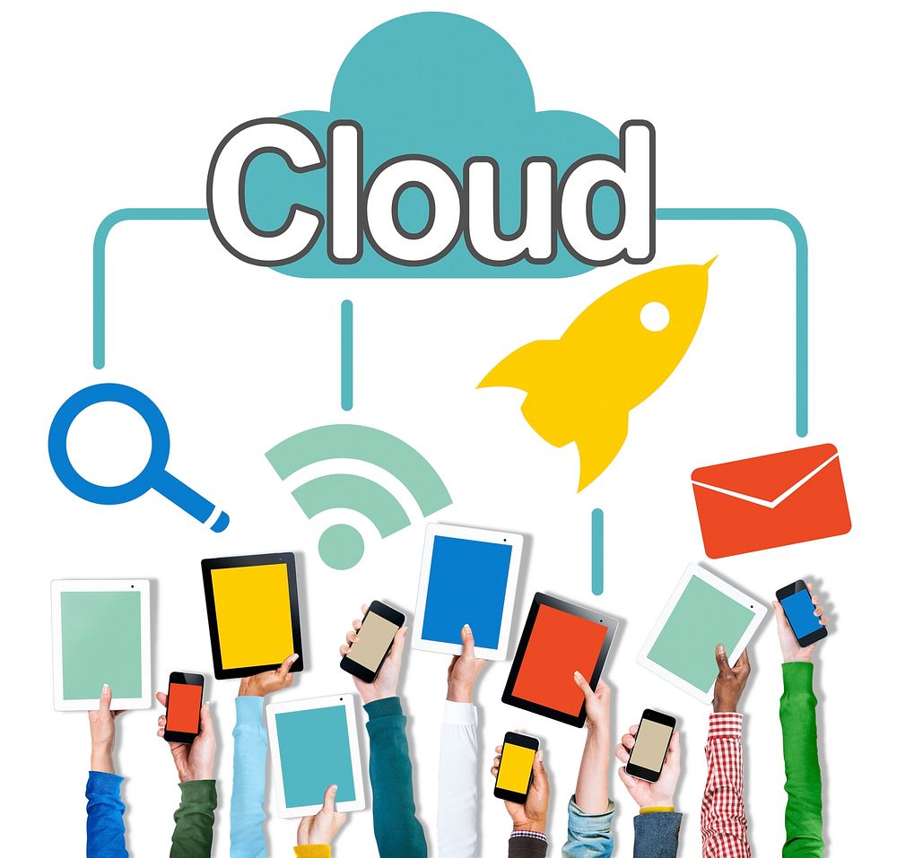Hands Holding Digital Devices Cloud Networking