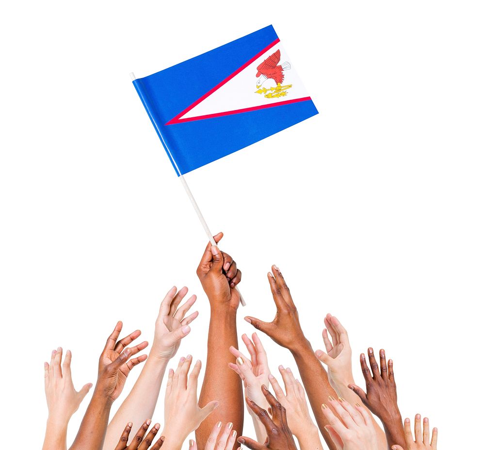 Human hand holding American Samoa flag among multi-ethnic group of people's hand