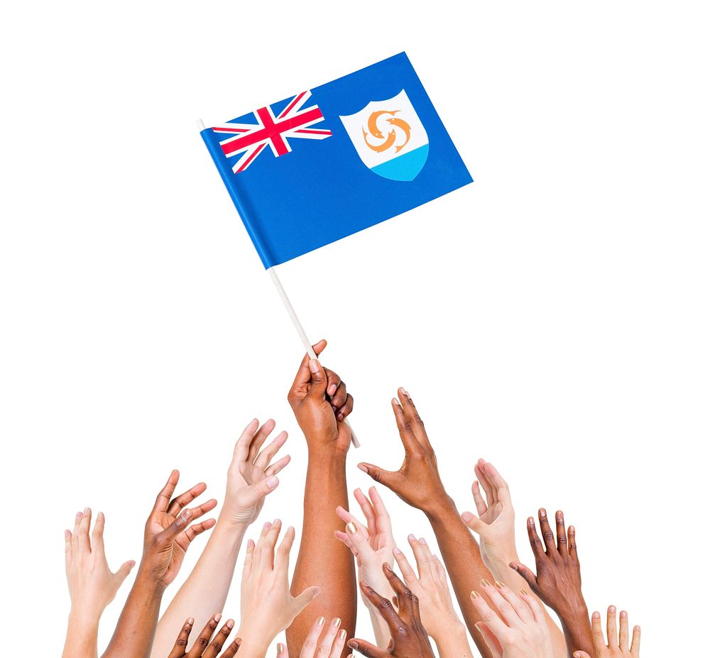 Human hand holding Anguilla flag among multi-ethnic group of people's hand