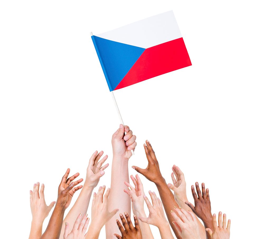 Human hand holding Czech Republic Flag among group of multi-ethnic hands