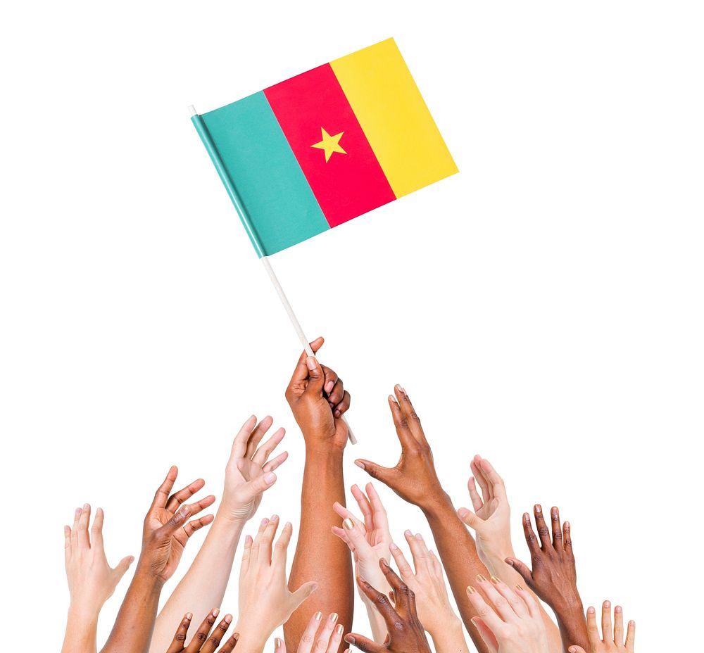 Human hand holding Cameroon Flag among multi-ethnic group of people's hand