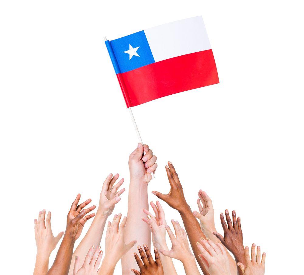 Human hand holding Chile Republic Flag among group of multi-ethnic hands