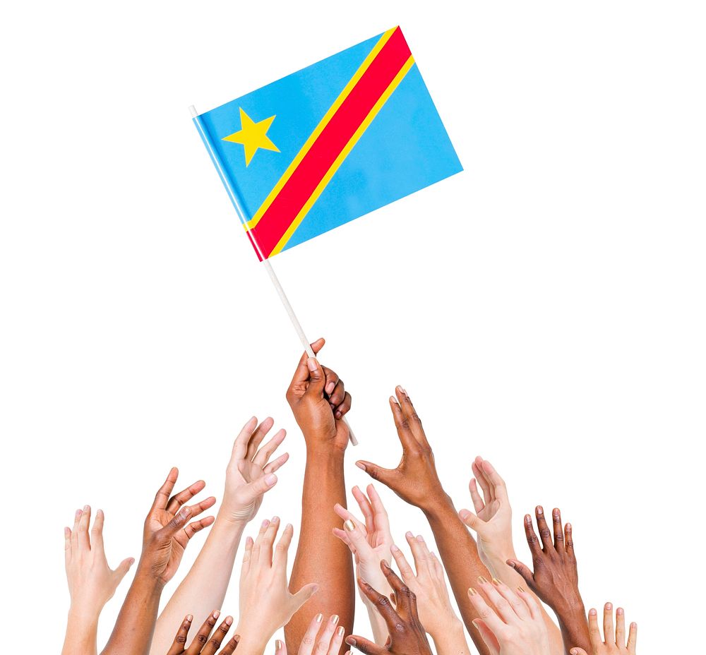 Group Of Multi-Ethnic People Reaching For And Holding The Flag Of Democratic Republic Of The Congo