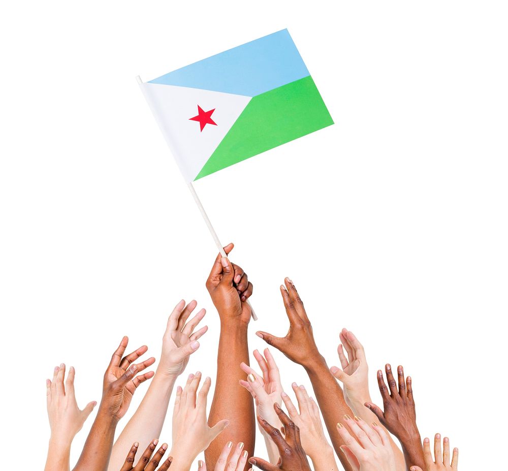 Group of multi-ethnic people reaching for and holding the flag of Djibouti.