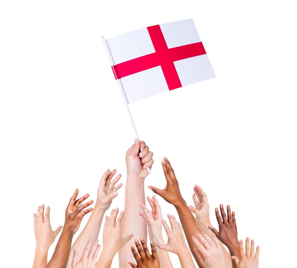 Human hand holding England Flag among group of multi-ethnic hands