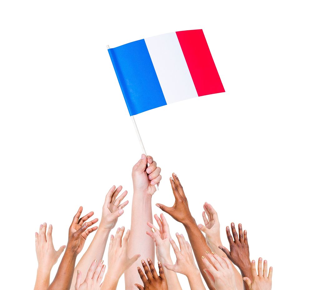 Human hand holding France Flag among multi-ethnic group of people's hand