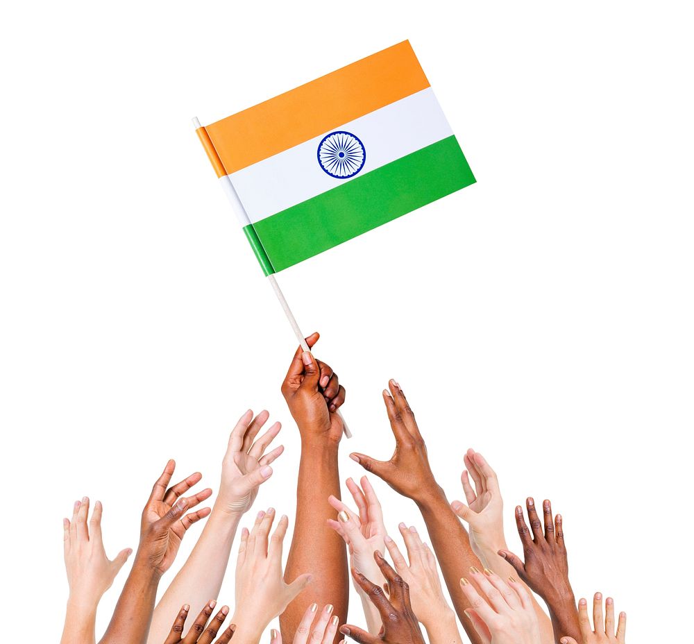 Multi-Ethnic Arms Raised for the Flag of India
